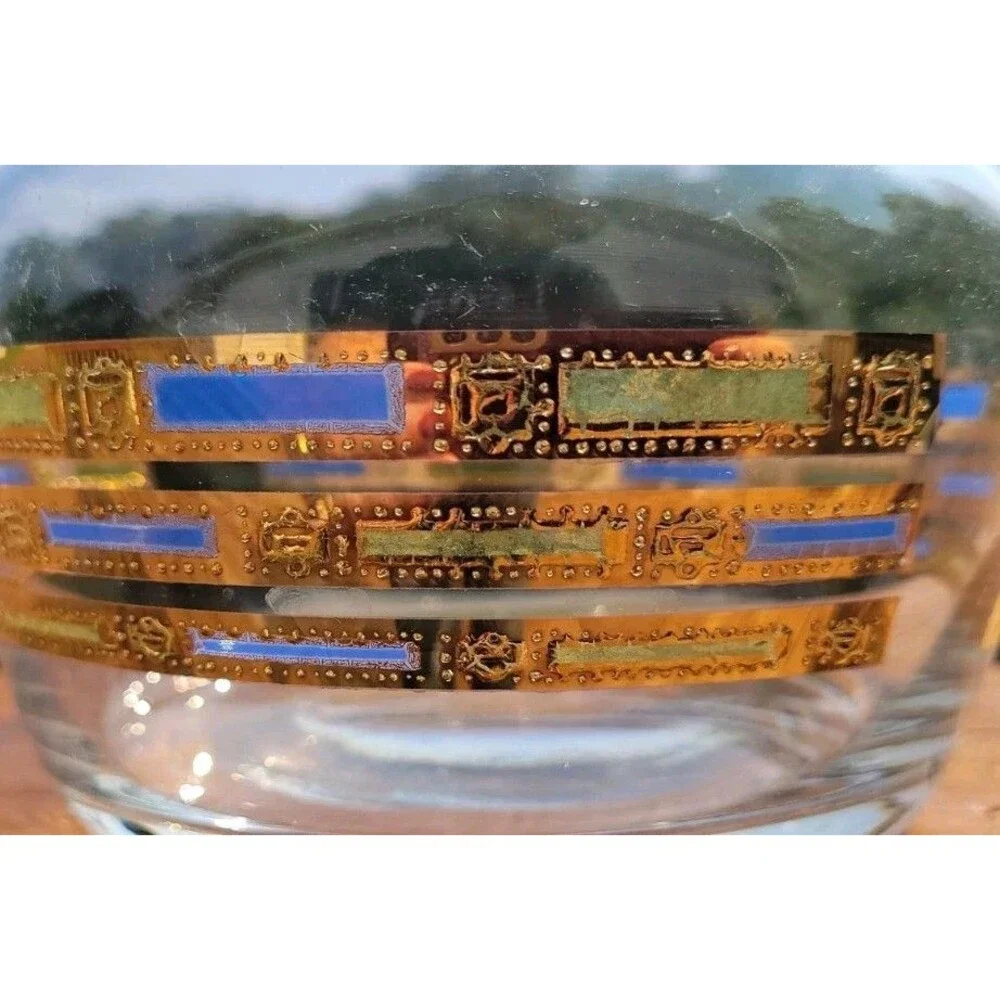Vintage Culver 22k Gold Blue Empress Glass Carafe Decanter MCM Blue Green Retro